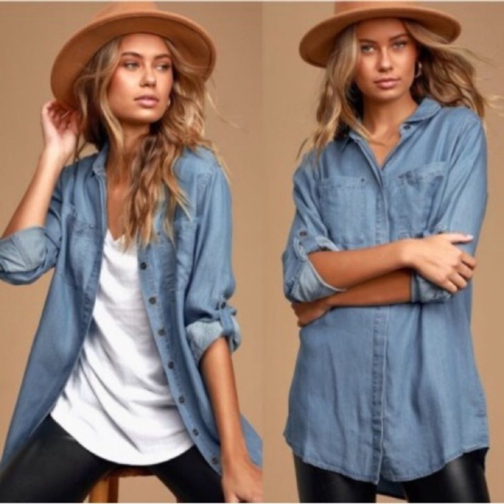 Lulu's Shirt and Sweet Blue Chambray Long Sleeve
Button-Up Shirt Sz XS tencel